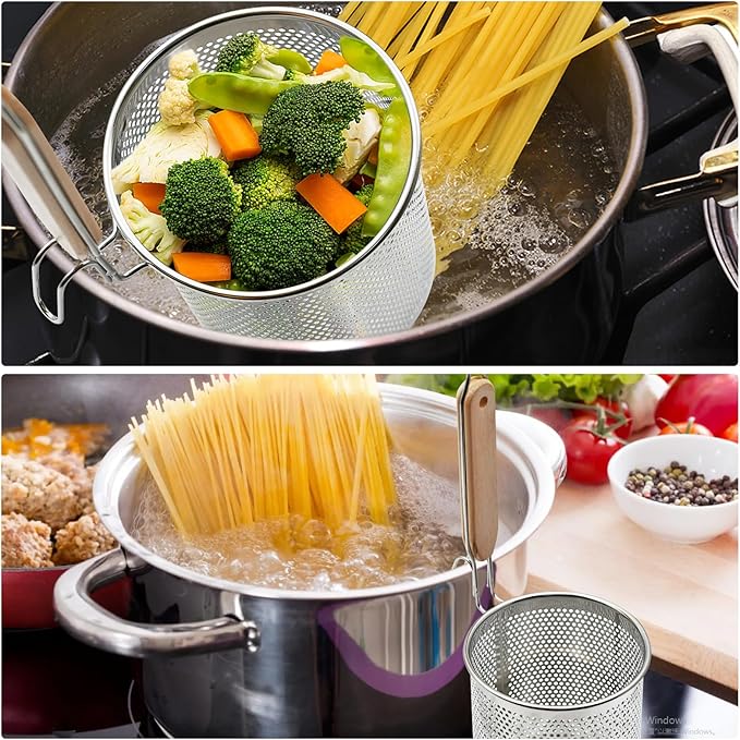 Stainless Steel Pasta Strainer, 2pcs Micro-Perforated Food Dumpling Noodle Strainer with Wood Handle Straining Noodles Pasta Baskets