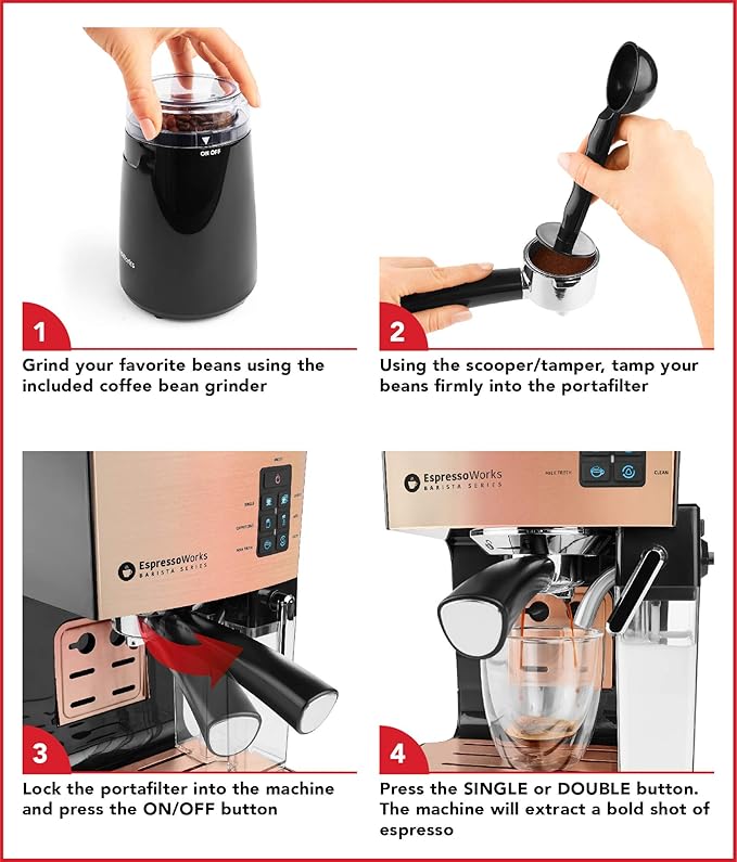 EspressoWorks 19-Bar Espresso, Latte and Cappuccino Maker 10-Piece Set - Brew Cappuccino and Latte with One Button - Espresso Machine with Milk Steamer 1250W - Coffee Gifts (Rose Gold)