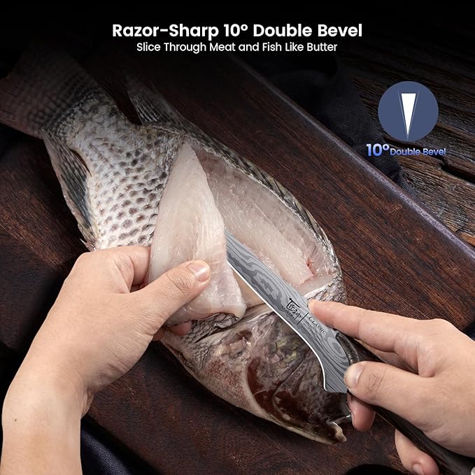 Fillet Knife, Razor Sharp 7.2 Inch Boning Knife, High Carbon Stainless Steel Filet Knives with High Flexibility, Wooden Handle, Full Tang Damascus Pattern Fishing Knives, Fishing Gifts for Men