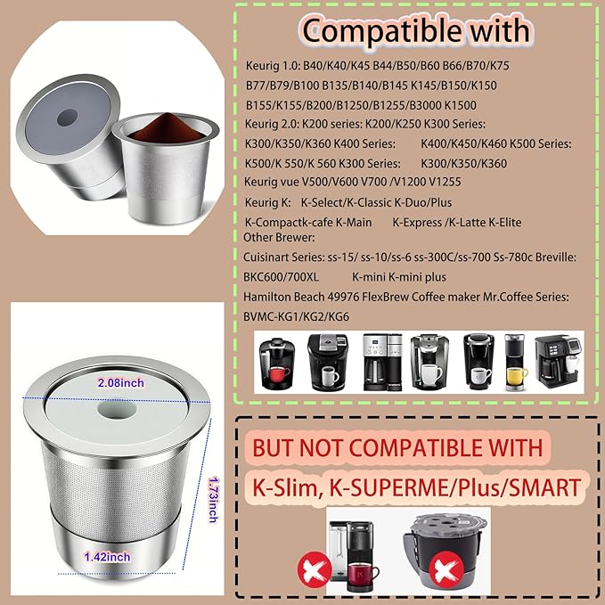 Stianless Steel Reusable K Cup Coffee Pods Compatible for K eurig 1.0 & 2.0 Coffee Maker Refillable K-eurig Coffee Filter with Aluminum Coffee Filling Tool, Reduction Waste,1 Pack (Silver)