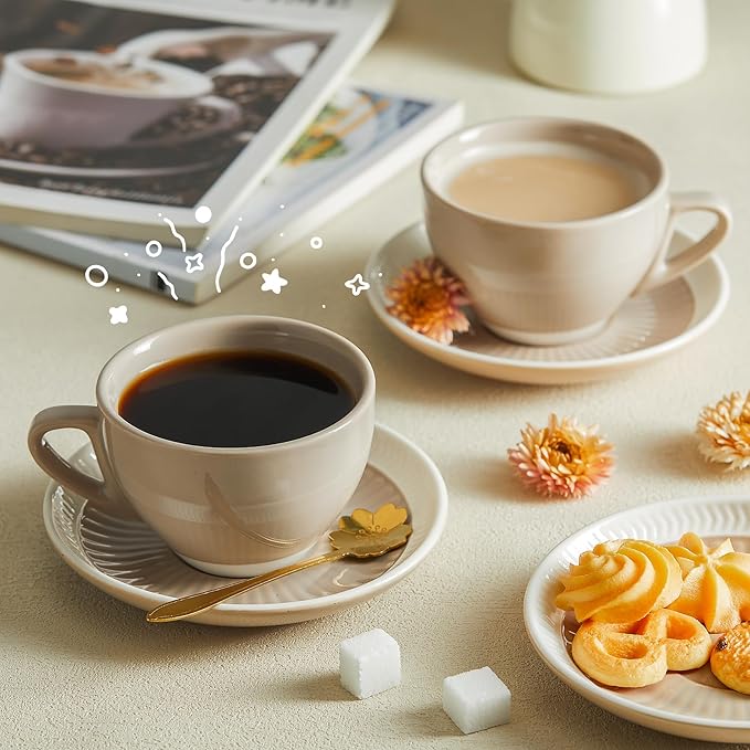 Sweese 6 Ounce Cappuccino Cups with Saucers, Porcelain Double Espresso Cups Set of 4 - Gray