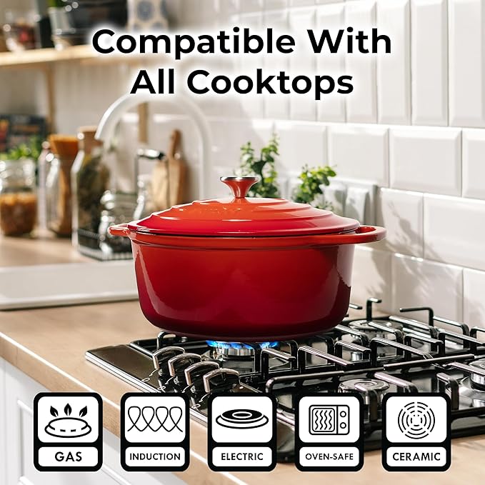 Zulay Kitchen 7.7 Quart Enameled Cast Iron Dutch Oven with Lid, Silicone Trivet & Heat Pad – Premium Durability & Oven Safe up to 500°F – Heavy Duty Cookware Perfect for Bread Baking, Stews, Braising & Roasting – Orange