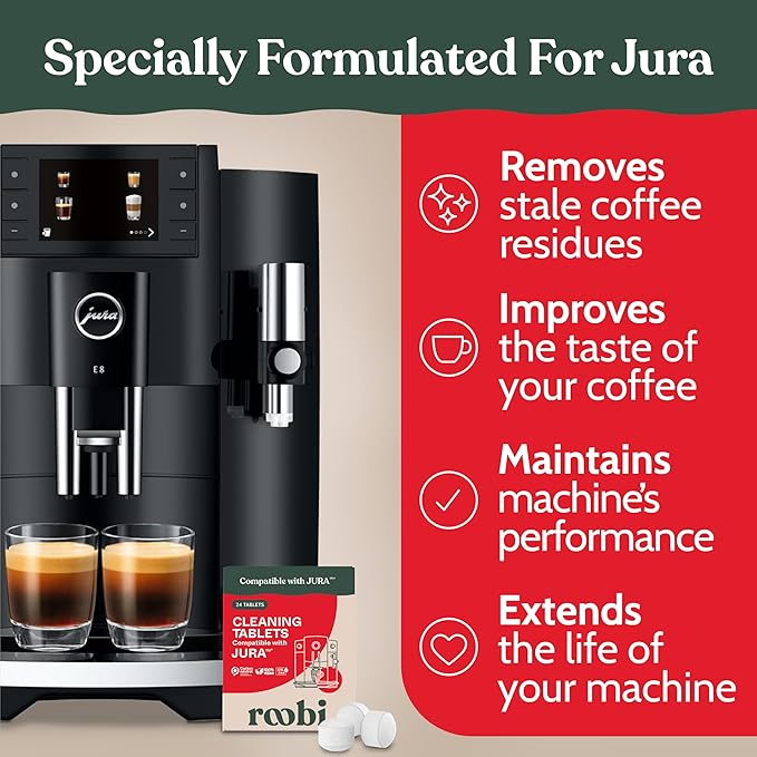 Roobi Compatible Cleaning Tablets for Jura. 24 Jura Cleaning Tablets for Automatic Espresso Coffee Machines. 100% Vegan, Carbon Neutral.