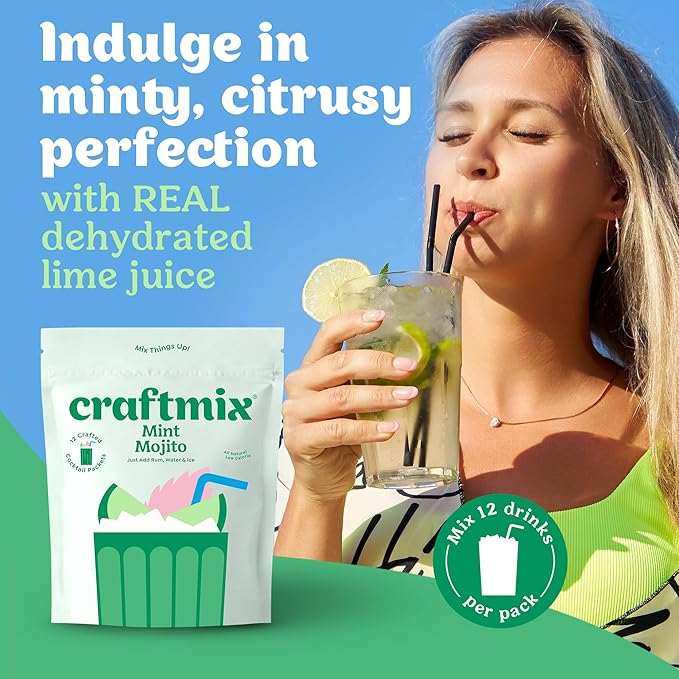 Craftmix Mint Mojito, Makes 12 Drinks, Rum Cocktail Mixers, Instant Skinny Cocktail and Mocktail Mix - Made With Real Fruit - Vegan Low-Carb, Low-Sugar, Non-GMO, Dairy Free, Gluten Free, Easy to Mix