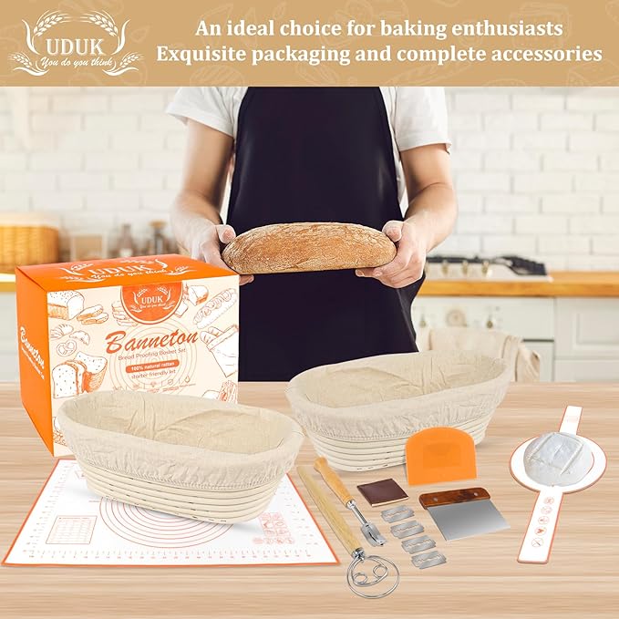 Sourdough Starter Kit - Bread Proofing Basket Set with 9.6" Oval Banneton Baskets x2, Silicone Bread Sling Baking Mat, Whisk Cutter Scraper Lame - Ideal Sourdough Bread Baking Supplies