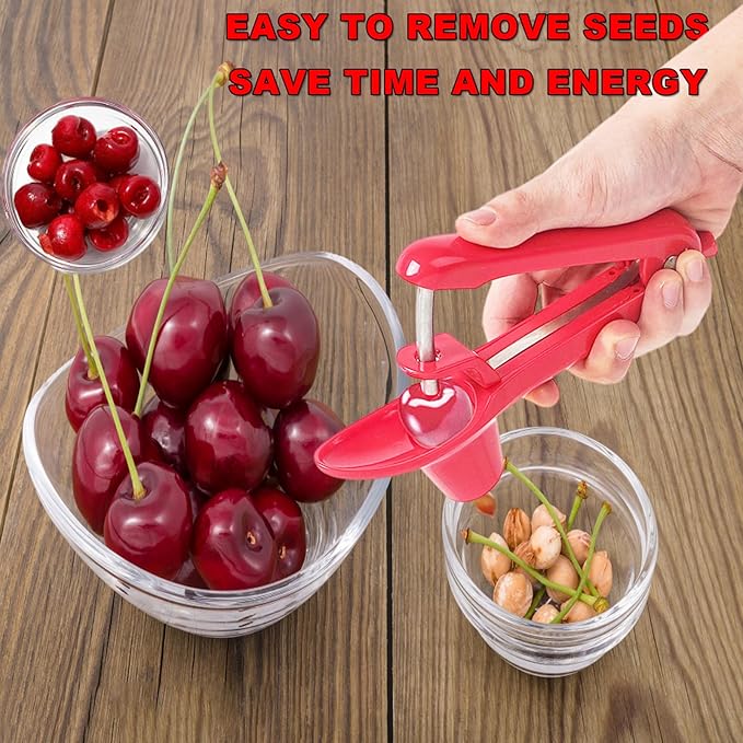 Cherry Pitter, Stainless Steel Olive and Cherries Pitters Corer Tool with Space-Saving Lock Design, Multi-Function Fruit Pit Remover for Cherry Jam (Red)