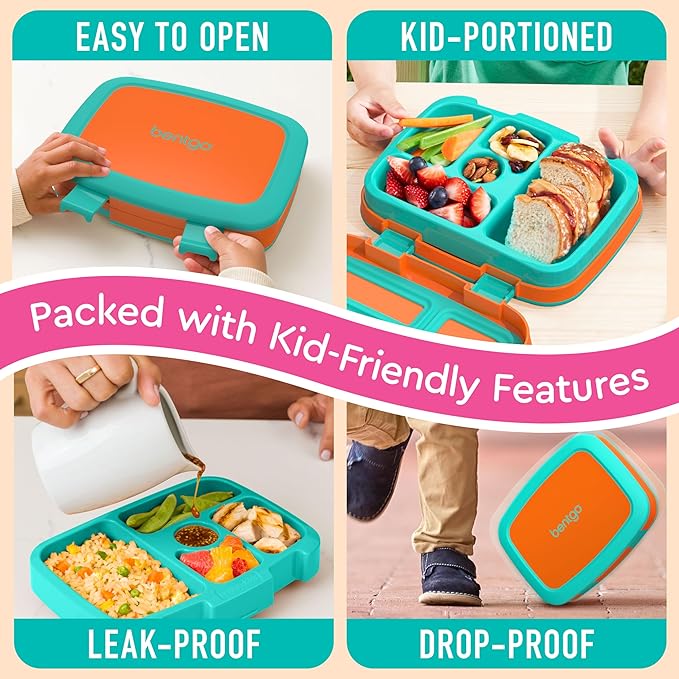 Bentgo Kids Bento-Style 5-Compartment Leak-Proof Lunch Box - Ideal Portion Sizes for Ages 3 to 7 - Durable, Drop-Proof, Dishwasher Safe, PFAS & BPA-Free & Made with Food-Safe Materials (Orange)
