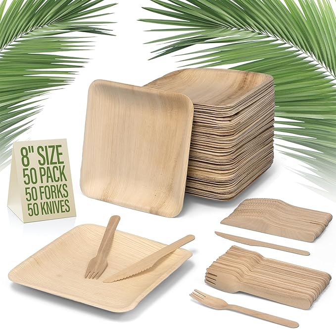 Compostable Square Palm Leaf Plates 8 Inch with Forks & Knives (50 Each) - Like Bamboo Plates, Disposable Party Plates, Biodegradable, Eco-Friendly, Microwave & Oven Safe