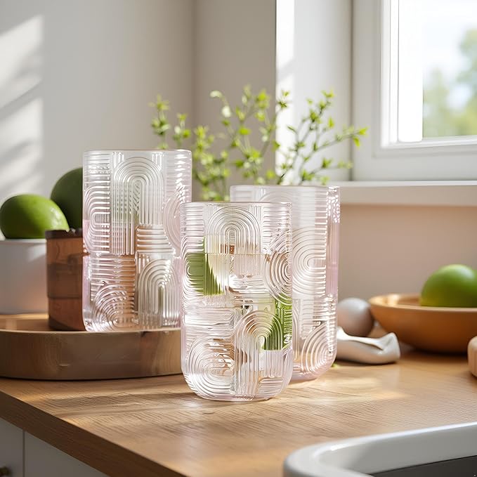 Glaver's Drinking Glasses, Set of 4 Pink Highball 17 Ounce Modern Embossed New Designed Kitchen Glasses Elegant Modern Glassware for Everyday Home or Bar Water Juice Cocktails. Urban Pattern