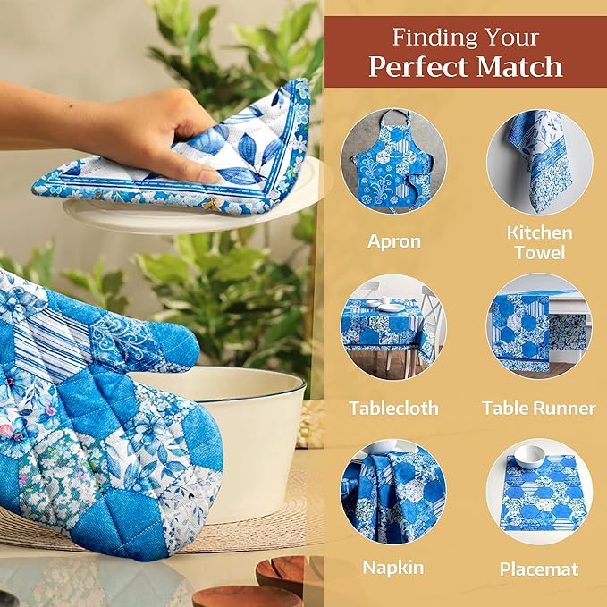 Maison d' Hermine Pot Holders Set 100% Cotton Heat Resistant Potholders 8" x 8" Hot Pads with Loop BBQ, Cooking, Baking, Grilling, Kitchen, Handling Hot Pans Spring/Summer (Pack of 2, Summer Blues)