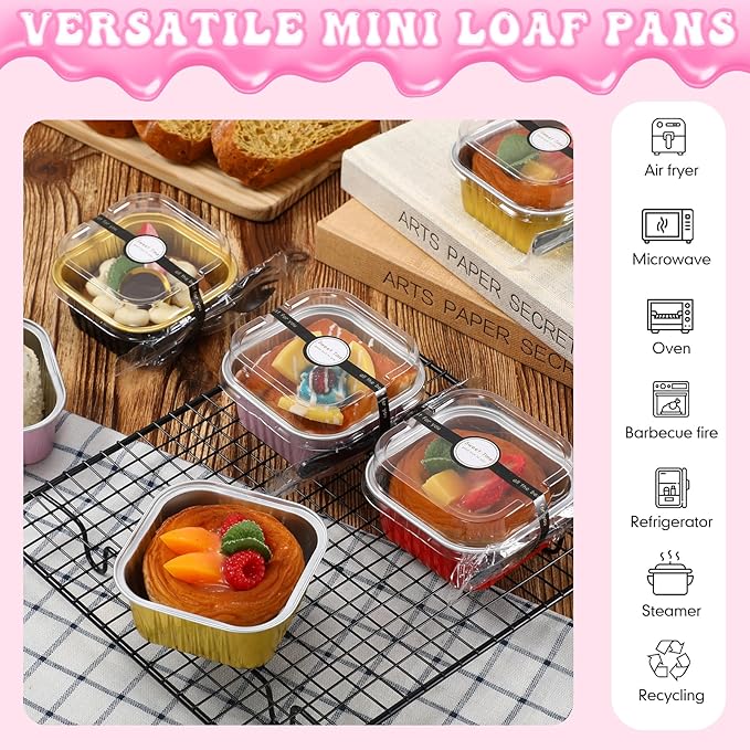 Vesici 100 Set 5 oz Mini Cake Pans with Lids & Spoons Square Aluminum Foil Baking Loaf Pans Disposable Dessert Cups with Stickers for Wedding Birthday Party Picnics, 4 Color