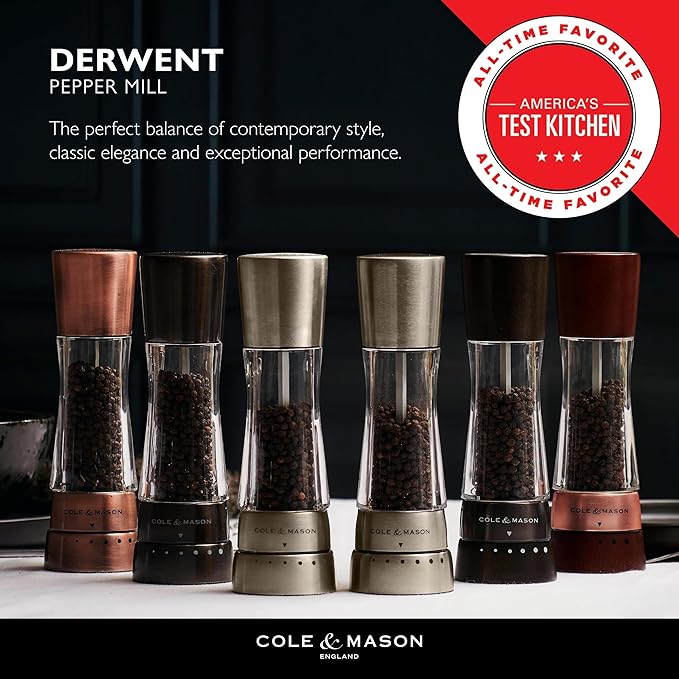 Cole & Mason Derwent Pepper Mill - Gourmet Precision Pepper Grinder - Refillable Seasoning and Spice Tools - Adjustable Black Peppercorn Grinder Settings - Rose Gold
