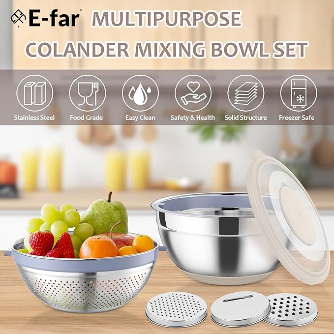 E-far Colander with Mixing Bowl Set, 4-1 Stainless Steel Colander Strainers Bowl with Graters for Kitchen, Rotatable Food Strainer Bowl for Rinsing Fruits Vegetables/Draining Pasta - Khaki
