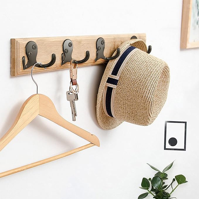 12 Heavy Duty Double Prong Coat Hooks | Wall Hooks with 24 Screws for Kitchen, Grocery Room, Bedroom