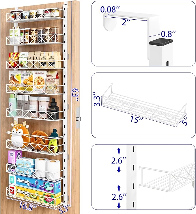 MIAOLI Over the Door Organizer, White 8-Tier Pantry Door Organizer with Adjustable Basket, Hanging Spice Rack Cabinet Door Shelves, Laundry Room Organization and Storage