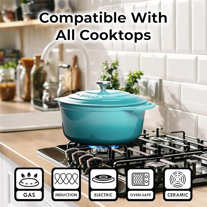 Zulay Kitchen 5 Quart Enameled Cast Iron Dutch Oven with Lid,Silicone Trivet & Heat Pad – Premium Durability & Oven Safe up to 500°F – Heavy Duty Cookware Perfect for Bread Baking, Stews, Braising & Roasting – Light Blue