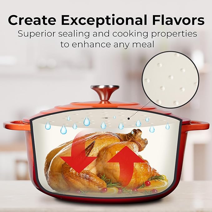 Zulay Kitchen 6 Quart Enameled Cast Iron Dutch Oven with Lid – Premium Durability & Oven Safe up to 500°F – Heavy Duty Cookware Perfect for Bread Baking, Stews, Braising & Roasting – Orange