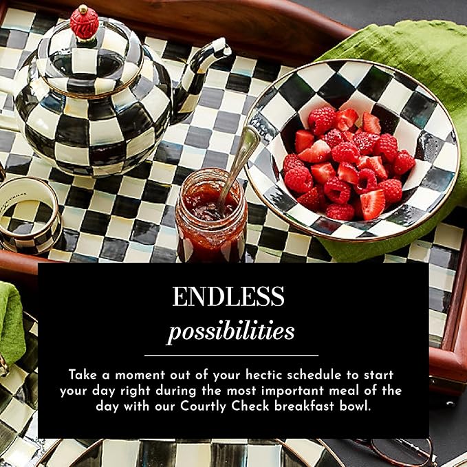 MACKENZIE-CHILDS Enamel Breakfast Bowl, Unique Soup Bowl or Cereal Bowl, Dinnerware, Black-and-White Courtly Check, Set of 1
