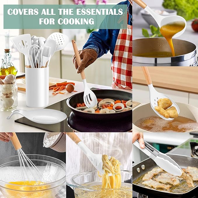 E-far White Cooking Utensils Set with Holder, 25-Piece Silicone Kitchen Utensil Set with Wooden Handle for Nonstick Cookware, 446°F Heat Resistant Kitchen Tool Spatula Tongs Whisk, Non-toxic & Healthy