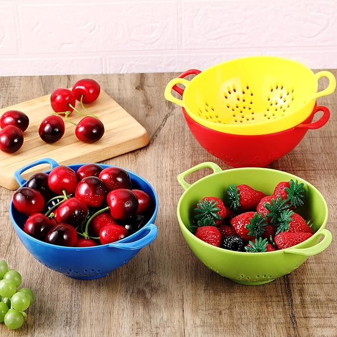 Baderke 4 Pack Mini Colander for Kitchen Plastic Berry Strainer with Double Handles 7.5 x 6 x 3 Inch Small Colander Strainer for Fruits Vegetables Food(Green, Red, Blue, Lemon Yellow)