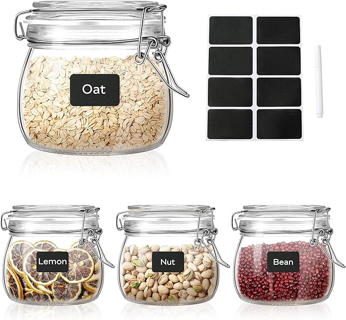 Glass Food Storage Jars with Airtight Lids 17 oz Round 4 Pack Kitchen Storage Containers Cabinet Canisters Sealed Pot Canning for Pasta, Cereal, Coffee, Beans, Spice