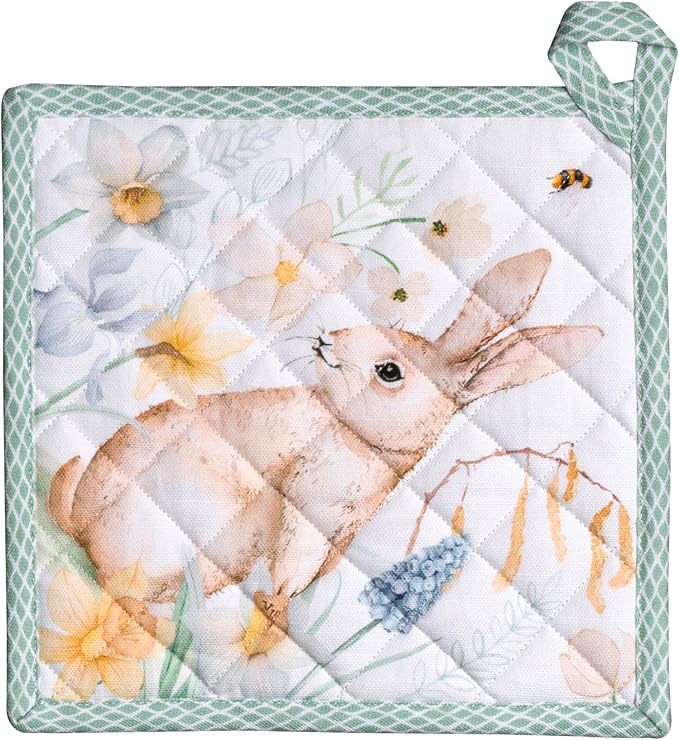 Maison d' Hermine Pot Holders 100% Cotton Heat Resistant Potholders 8" x 8" Hot Pads with Loop BBQ, Cooking, Baking, Grilling, Kitchen, Handling Hot Pans Spring/Summer (Pack of 1, Easter Dew)