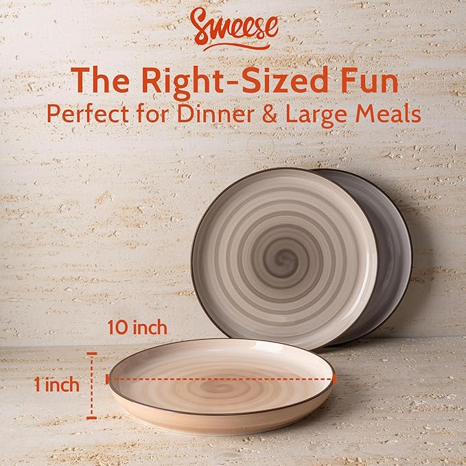 Sweese Porcelain Dinner Plates Set of 6-10 Inch Round Dish Set for Meals, Microwave Dishwasher Safe, Elegant for Parties, Weddings, Restaurants