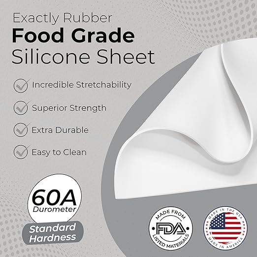 Exactly Rubber - White Silicone Sheet, 60A Durometer Silicone Mat, Food-Grade Rubber Mat with -80 to 450°F Temperature Resistance, 400% Elongation, Silicone Placemat Made in The USA, 1/32 x 9” x 12”
