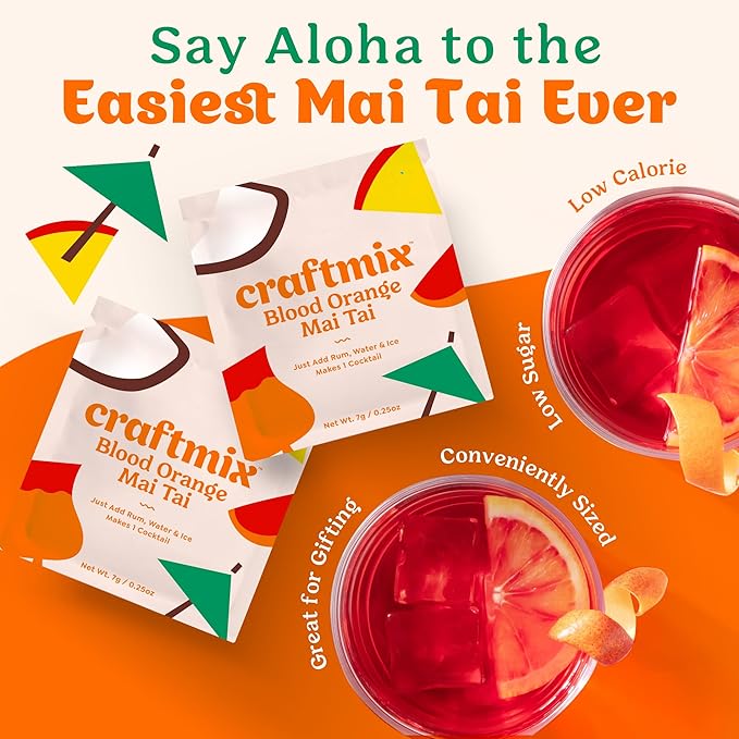 Craftmix Blood Orange Mai Tai, Makes 12 Drinks, Skinny Cocktail Mixers, Instant Mix Mocktail Kit, Real Fruit, Vegan Low-Carb Non-GMO, Dairy Free, Gluten-Free, Easy to Mix