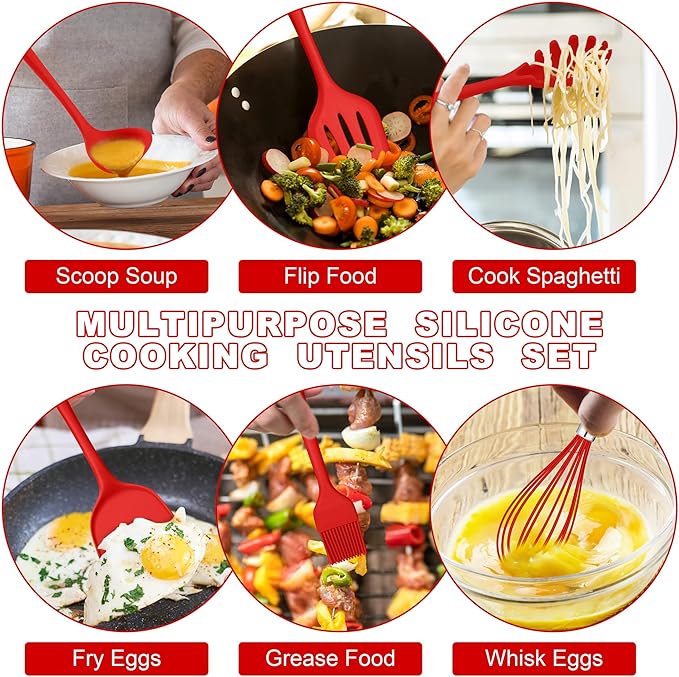 E-far Silicone Cooking Utensils Set, 24Pcs Heat Resistant Kitchen Utensil with Holder, Silicone Kitchen Tools with Spatula Turner Spoon Tongs Whisk, Non-Toxic & Dishwasher Safe (Red)