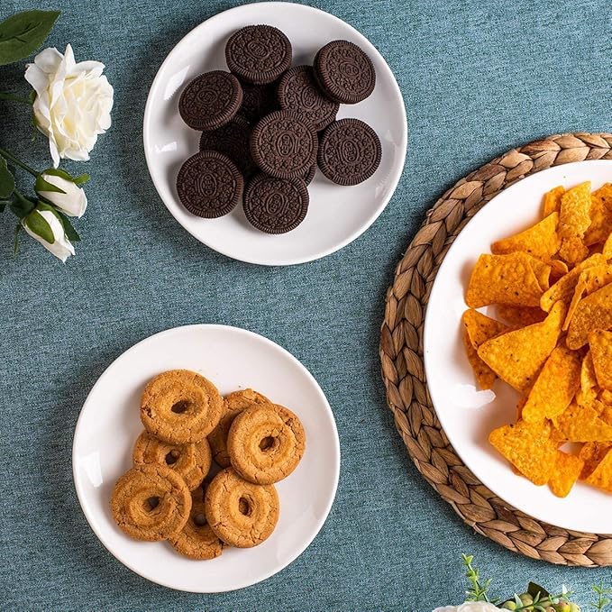 DELLING 7 Inch Appetizer Plates Set, White Ceramic Dessert Plates/Salad Plate - Small Round Serving Plates for Snacks, Side Dishes, Pasta, Microwave & Dishwasher Safe - Set of 4