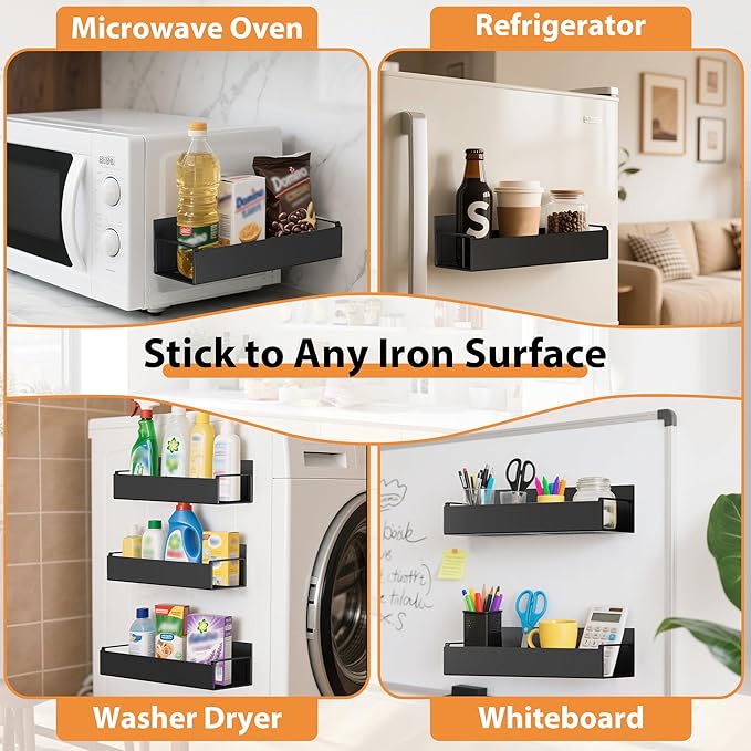4 Pack Magnetic Spice Rack Organizer for Refrigerator and Oven, Movable Magnetic Hanging Kitchen Spice Rack with 4 Hooks, Black