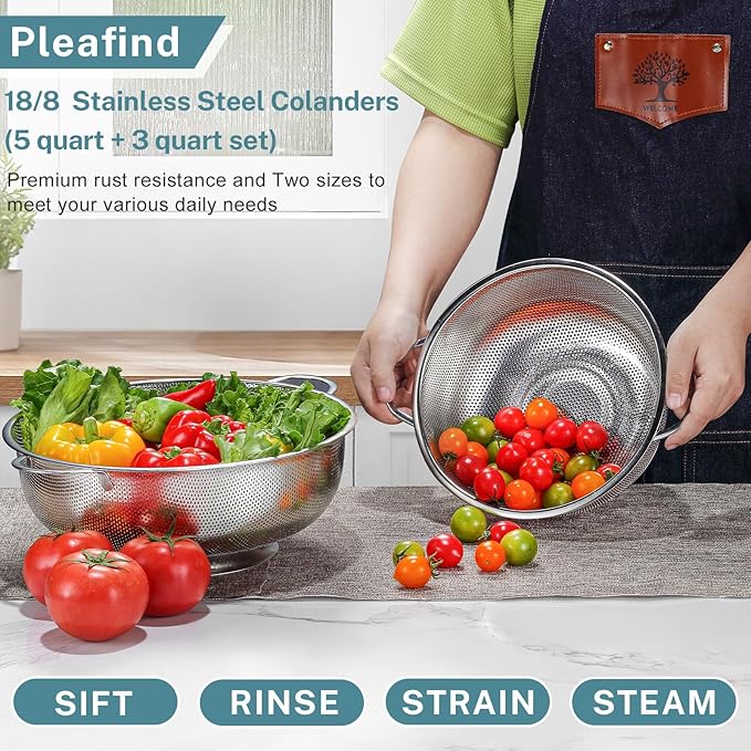 Pleafind 18/8 Stainless Steel Colander for Kitchen - 5 qt and 3 qt, Micro-Perforated Metal Colander Strainer with Handle, Solid Base Pasta Strainer, Rust-Resistant & Dishwasher Safe