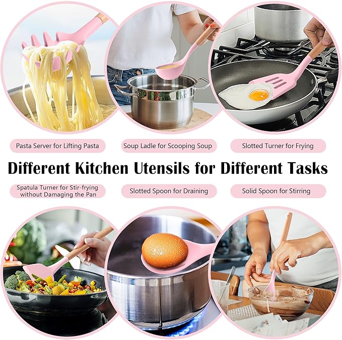 HaWare Kitchen Cooking Utensils Set, 23-Piece Silicone Kitchen Utensils Spatula Set with Holder, Heat Resistant Wooden Handle Kitchen Gadget for Nonstick Cookware, Food-grade Turner Spoon Sets (Pink)