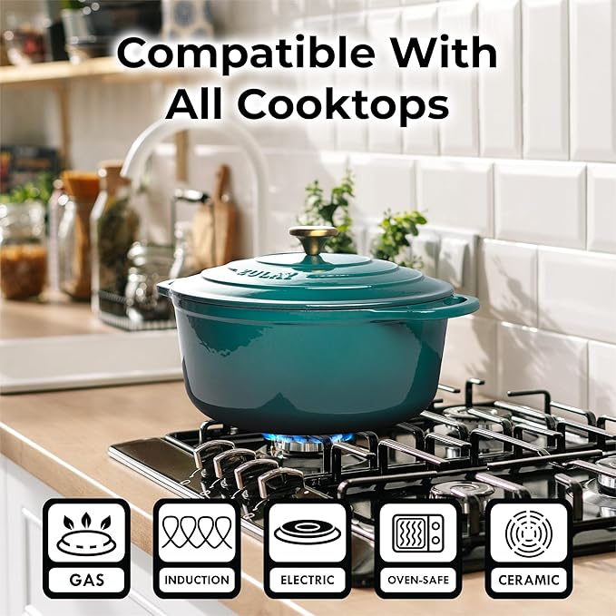 Zulay Kitchen 6 Quart Enameled Cast Iron Dutch Oven with Lid – Premium Durability & Oven Safe up to 500°F – Heavy Duty Cookware Perfect for Bread Baking, Stews, Braising & Roasting – Emerald