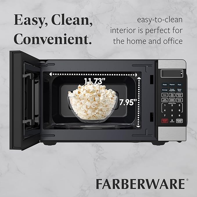 Farberware 0.7 Cu. Ft, Compact Microwave Oven, 700-Watt, with Auto Cook Menus, Child Lock, Stainless