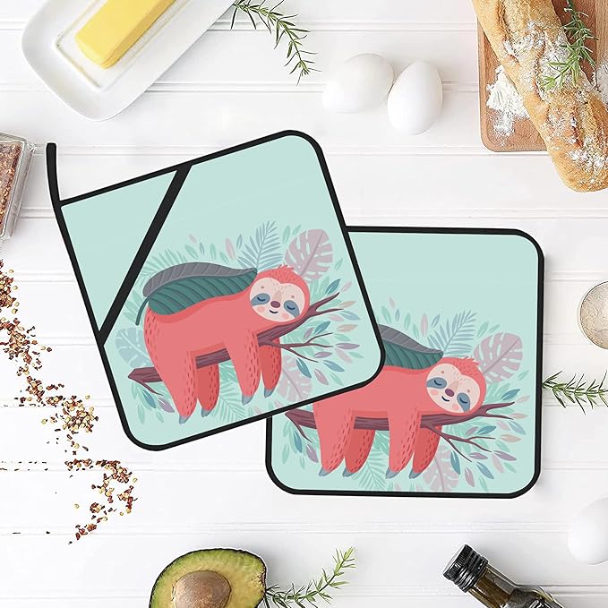 Cute Sloth Sleeping Pot Holders 2 PCS for Kitchen, Heat Resistant Hot Pads for Cooking Grilling Baking BBQ, Pot Holders for Women Cook Essentials Accessories Home Microwave