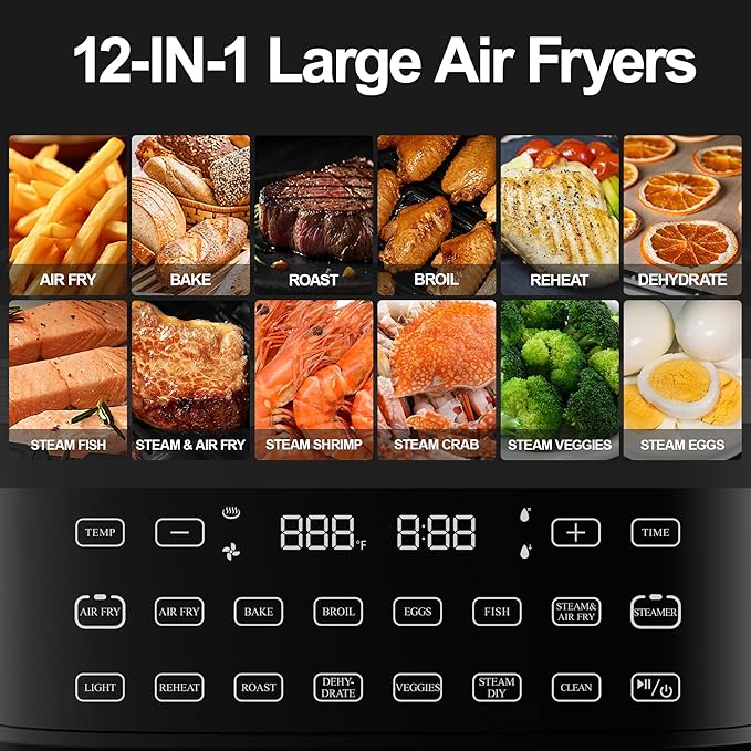 Steam Air Fryer, Non Toxic,12-IN-1 Large Air Fryers with Superior Airflow, Self-cleaning Smart Digital Fryer, Air Fry, Roast, Reheat, Dehydrate, Air Crisp Technology with 420F for Hot,7.5 QT