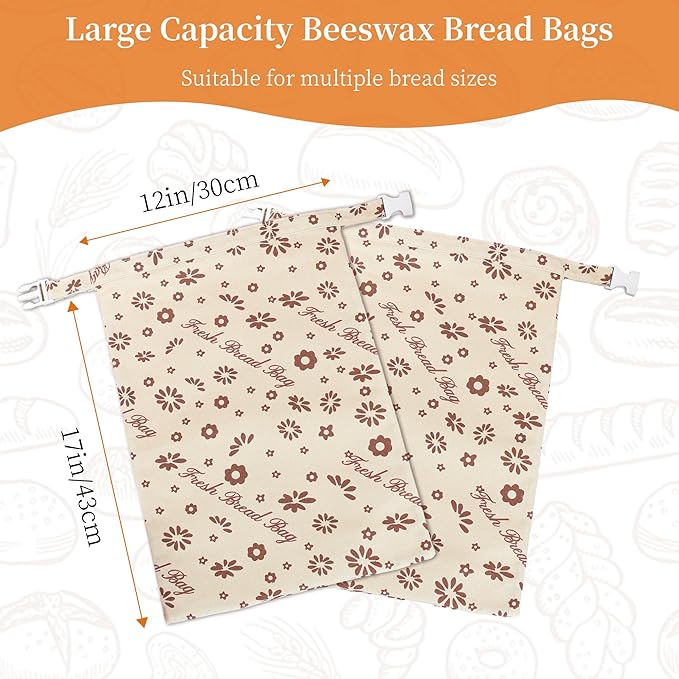 KONGDY 2 Packs Reusable Beeswax Bread Bags, Cotton Homemade Sourdough Bread Bags, Perfect Bag for Home-Baked, 12x17 inch