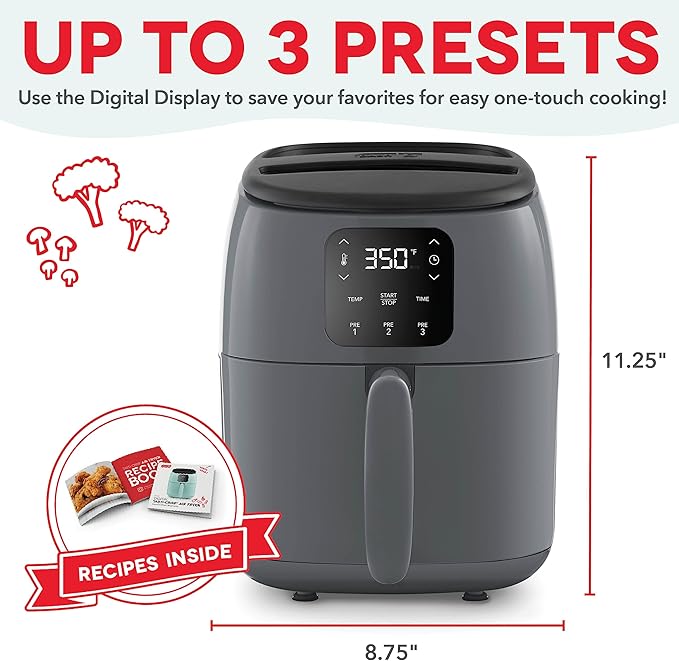 DASH Tasti-Crisp™ Electric Air Fryer Oven, 2.6 Qt., Grey – Compact Air Fryer for Healthier Food in Minutes, Ideal for Small Spaces - Auto Shut Off, Digital, 1000-Watt