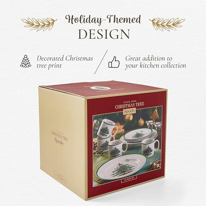 Spode Christmas Tree 12-Piece Dinnerware Set (Service for 4) - Festive Holiday Tableware Collection with Plates and Mugs - Fine Earthenware Christmas Dinnerware - Microwave & Dishwasher Safe