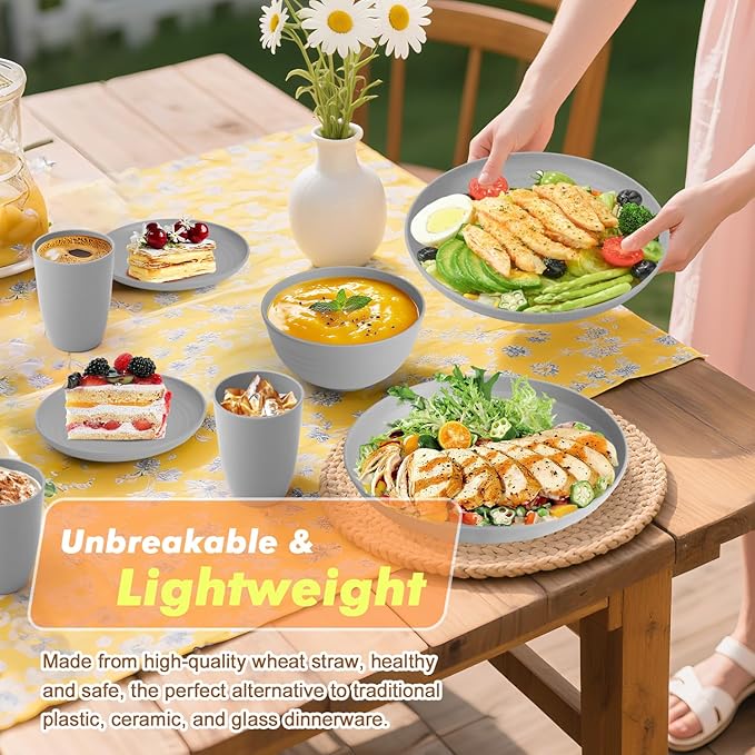 Homienly 32-Piece Kitchen Wheat Straw Dinnerware Set, Service for 8, Dinner Plates, Small Dessert Plate, Cereal Bowls, Cups, Unbreakable Outdoor Camping Dishes, Microwave and Dishwasher Safe-Grey