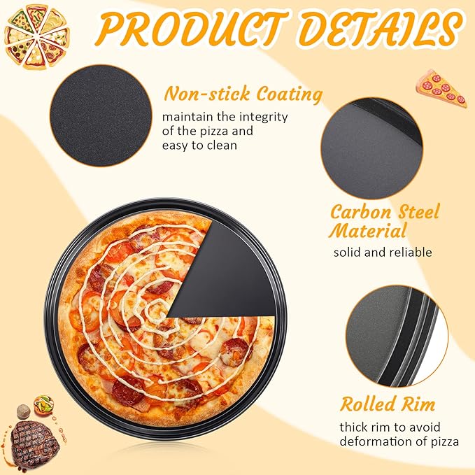 Meanplan 8 Pcs Non Stick Bakeware Pizza Pan Round Pan for Oven Carbon Steel Oven Tray Pie Baking for Home Restaurant Kitchen Baking Supplies, Black(10 Inch)