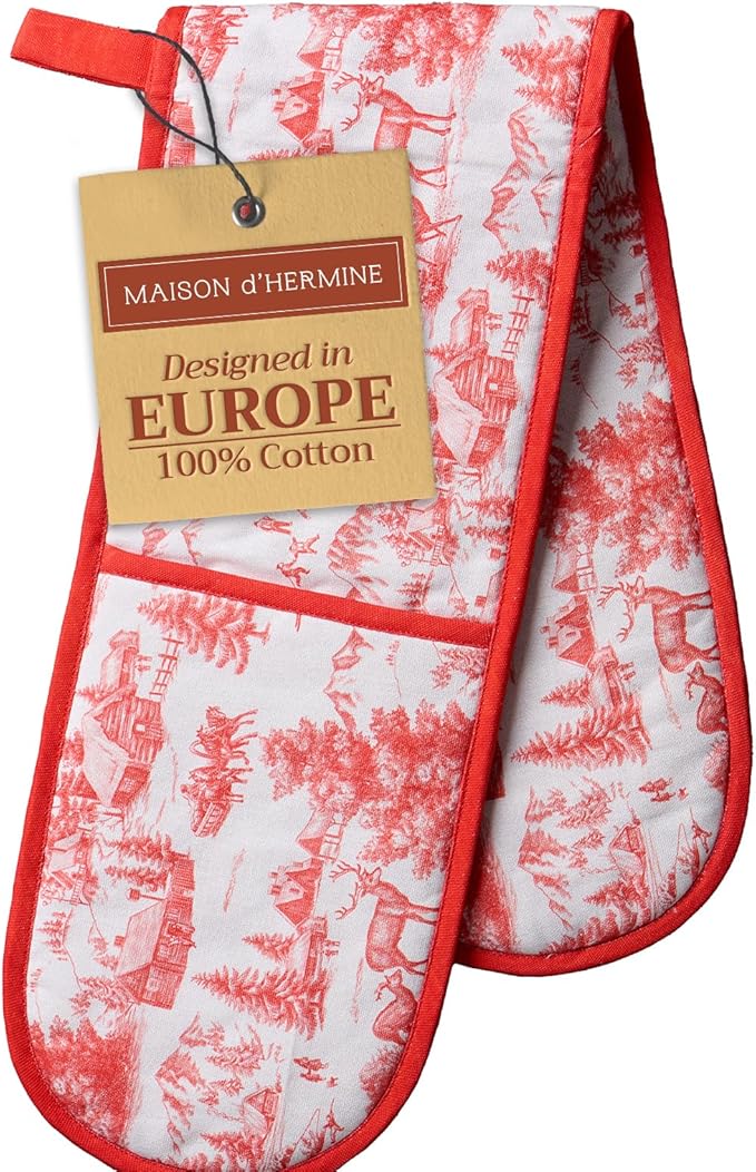 Maison d' Hermine Double Oven Mitts 100% Cotton 7"x35" Double Oven Mitt Heat Resistant BBQ Cooking Gloves with Loop, Baking, Grilling, Home, Kitchen, Handling Hot Pans (Winter Jouy)