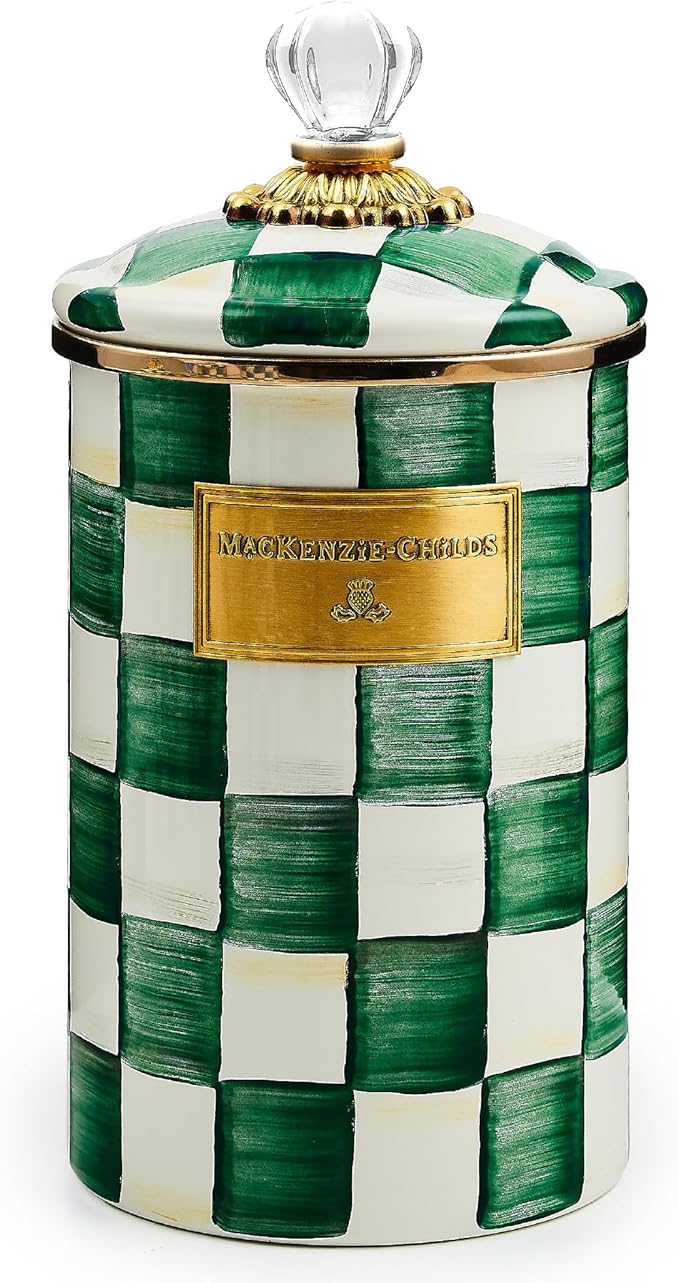 MACKENZIE-CHILDS Large Enamel Canister, Kitchen Storage Container with Lid, Green-and-White Emerald Check