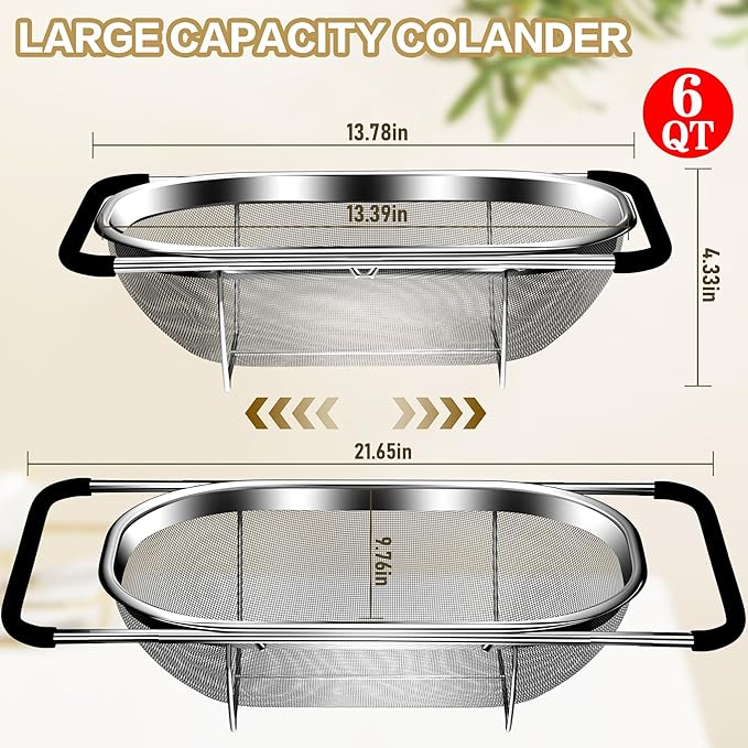 Over the Sink Colander - Strainers and Colanders - Stainless Steel Strainer - Expandable Sink Colander with Rubber Grip for Strain, Drain, Rinse Fruits, Vegetables, Home Kitchen Essentials