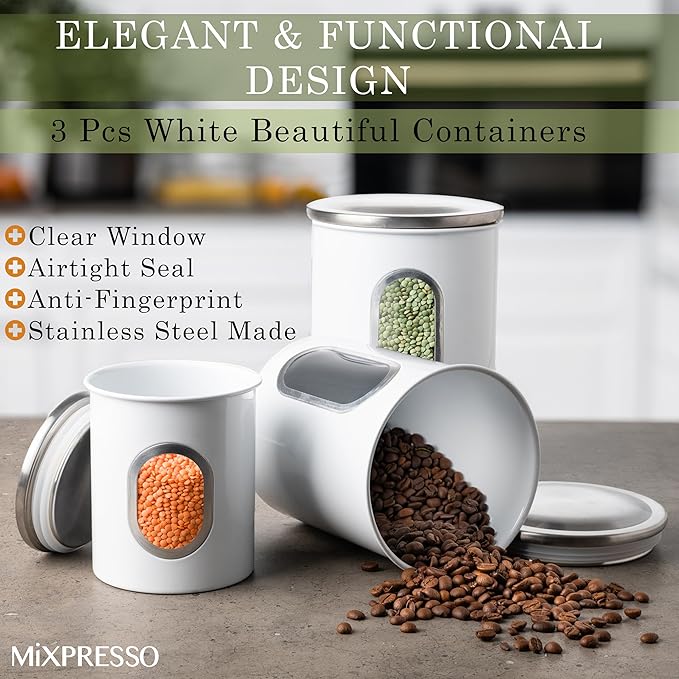 Mixpresso 3-Piece White Canisters Sets For The Kitchen, Airtight Canister Set With See Through Window, Storage Jars for Coffee Container, Tea Organizer & Sugar Canister, White Kitchen Canisters