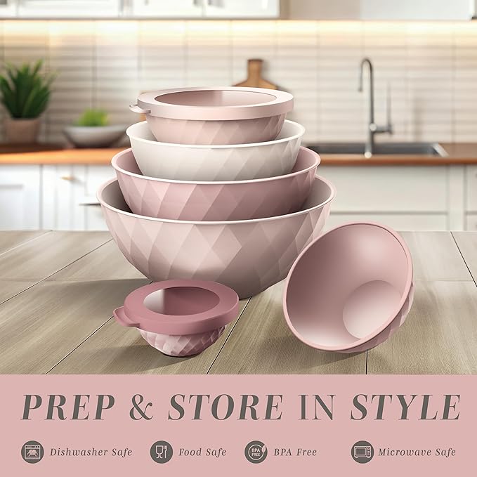 COOK WITH COLOR Mixing Bowls with Lids - 12 Piece Plastic Nesting Bowls Set includes 6 Prep Bowls and 6 Lids, Diamond Design - Microwave Safe (Mint)