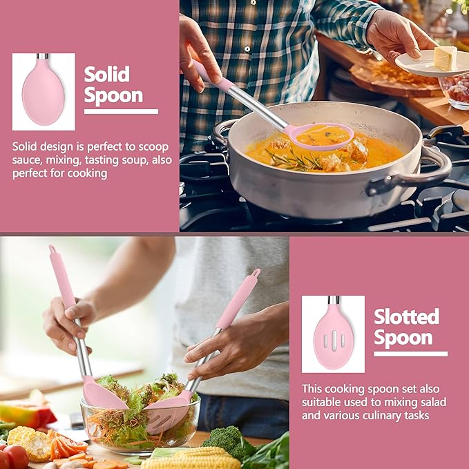 P&P CHEF Pink Kitchen Cooking Utensil Set of 4, Silicone Solid Spatulas Slotted Spoons Turners for Non-stick Cookware Flipping Mixing, Heat-proof
