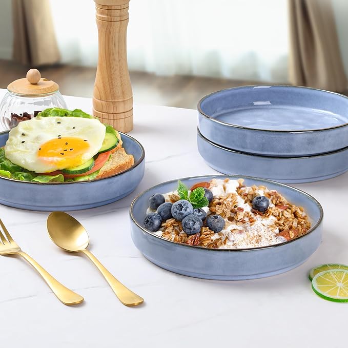 E-far Pasta Bowls Set of 4, 30oz Shallow Salad Bowls for Dinner Serving, 8.25" Stoneware Ceramic Bowl Plates for Noodle Soup, Microwave & Dishwasher Safe, Reactive Glaze, Blue